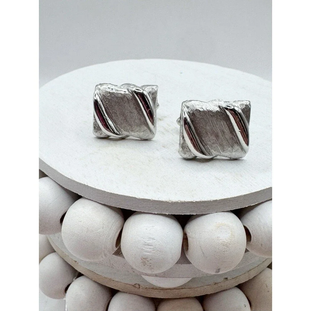 Swank Textured Silver Tone Wavy Rectangle Cufflinks MCM Mid Century Modern